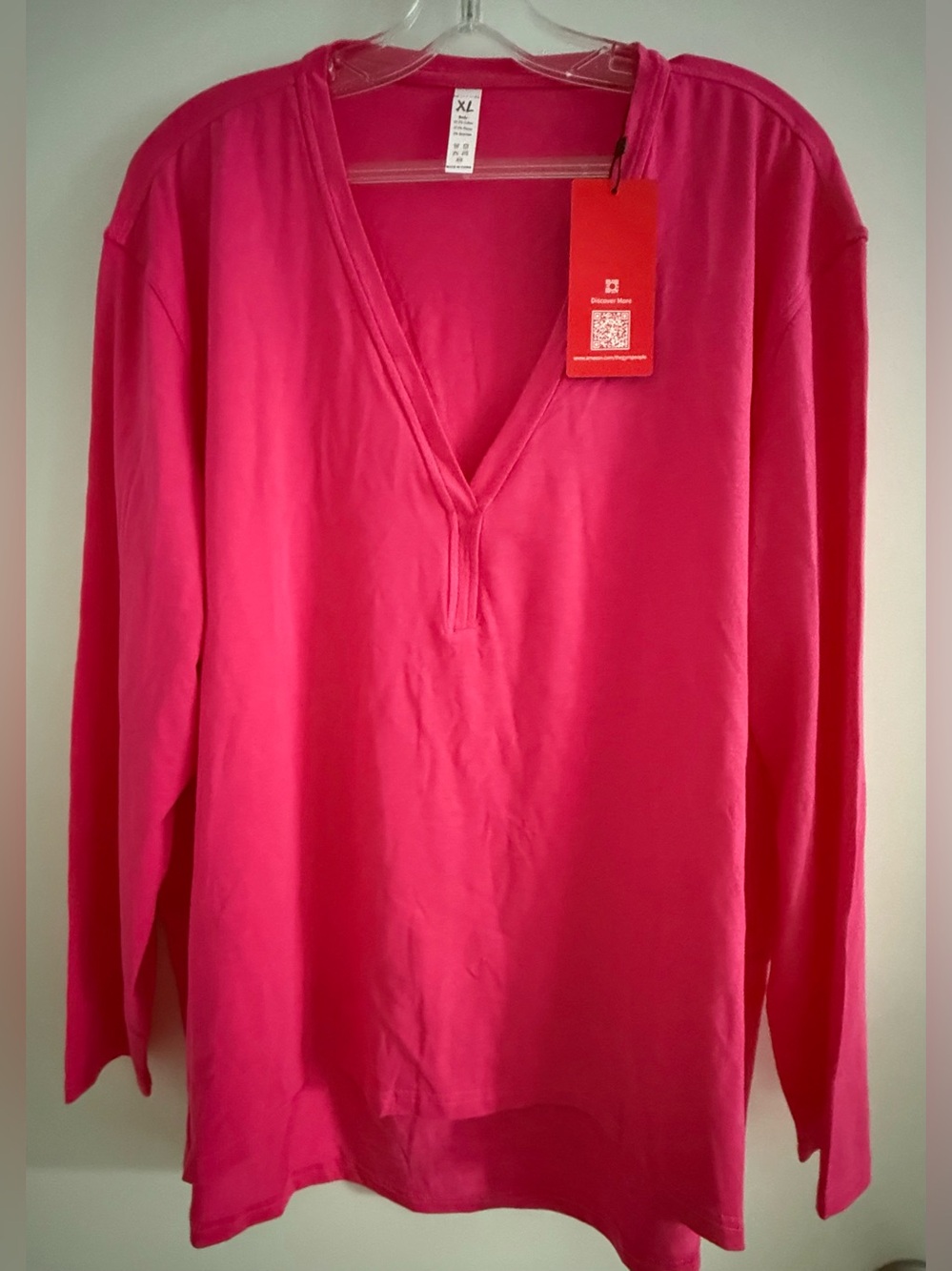 The Gym People Women's V-Neck Long Sleeve Tee in Hot Pink